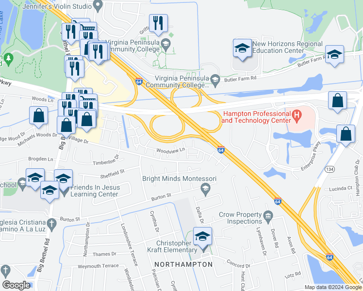 map of restaurants, bars, coffee shops, grocery stores, and more near 7 Springwood Place in Hampton