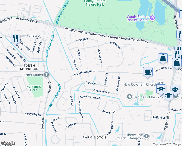 map of restaurants, bars, coffee shops, grocery stores, and more near 14 Eisele Court in Hampton