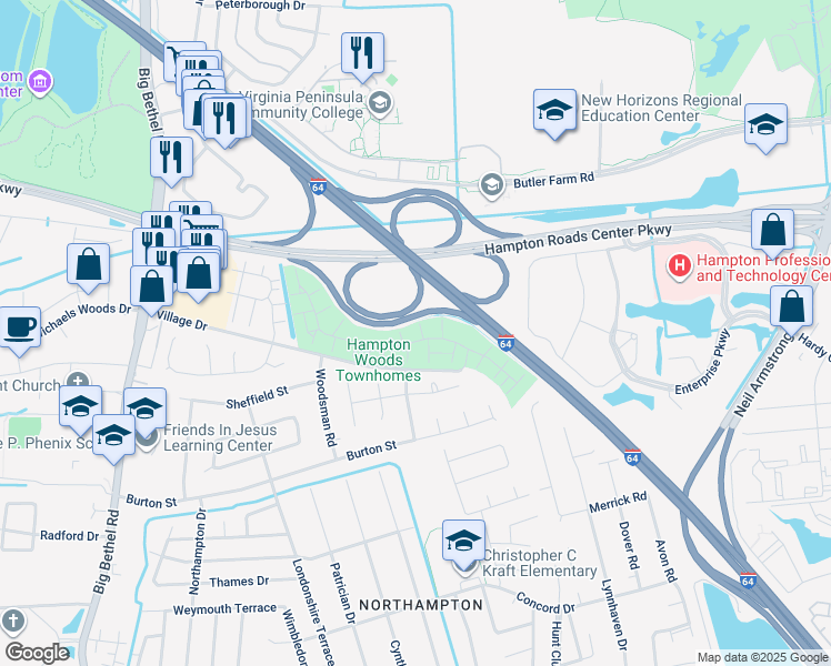 map of restaurants, bars, coffee shops, grocery stores, and more near 7 Springwood Place in Hampton