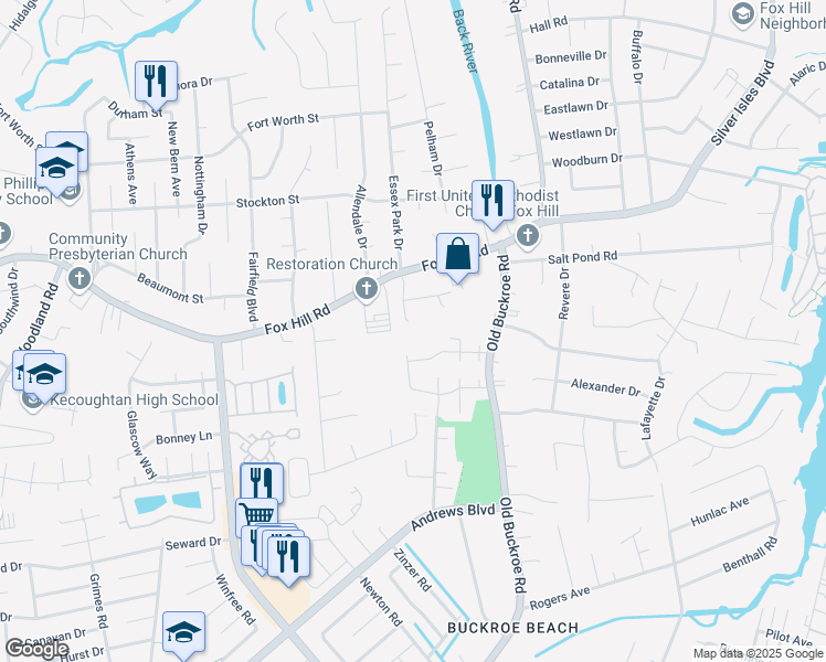 map of restaurants, bars, coffee shops, grocery stores, and more near 15 Rosser Drive in Hampton