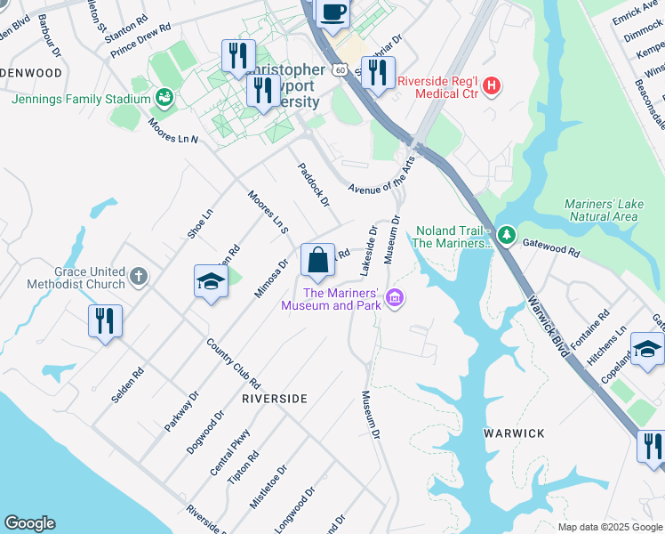 map of restaurants, bars, coffee shops, grocery stores, and more near 12 Sunset Road in Newport News