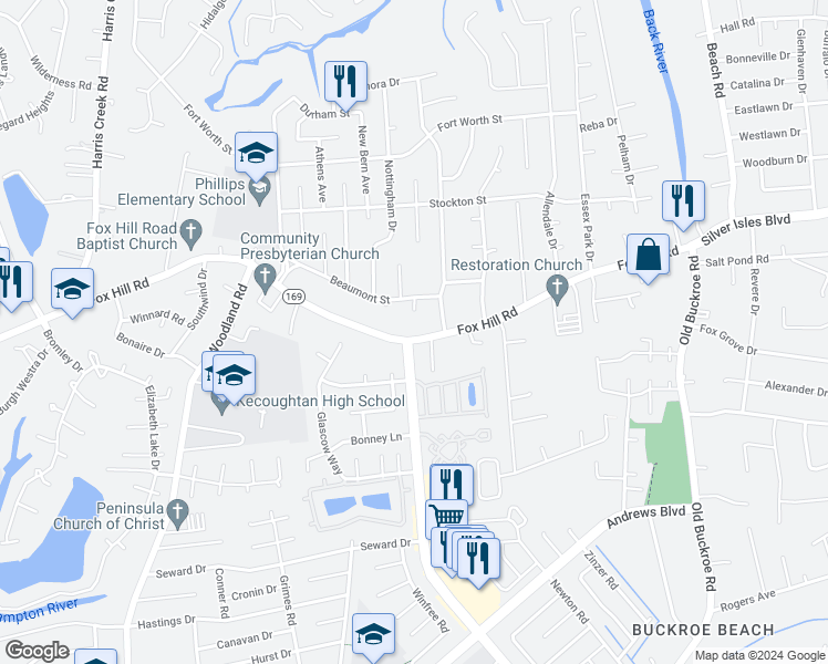 map of restaurants, bars, coffee shops, grocery stores, and more near 449 Fox Hill Road in Hampton