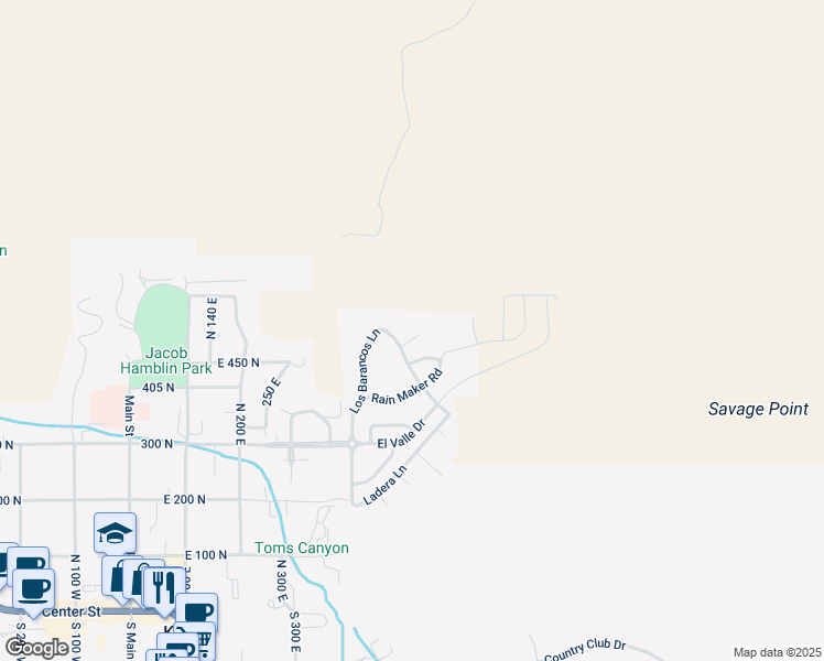 map of restaurants, bars, coffee shops, grocery stores, and more near 493 Donner Circle in Kanab