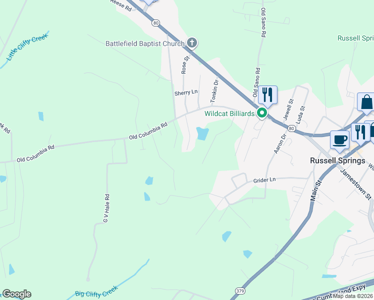 map of restaurants, bars, coffee shops, grocery stores, and more near 88 Lakeview Drive in Russell Springs