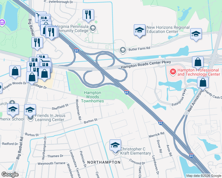 map of restaurants, bars, coffee shops, grocery stores, and more near 16 Red Oak Place in Hampton