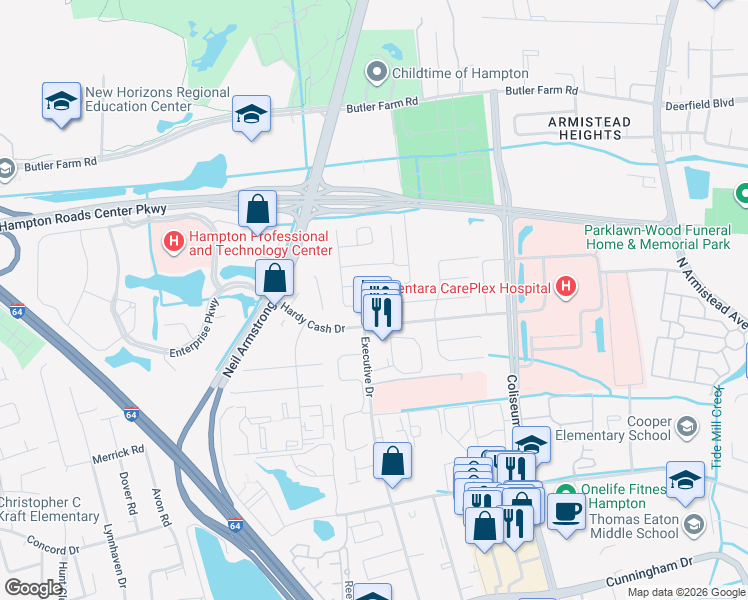 map of restaurants, bars, coffee shops, grocery stores, and more near 1400 Crispell Court in Hampton