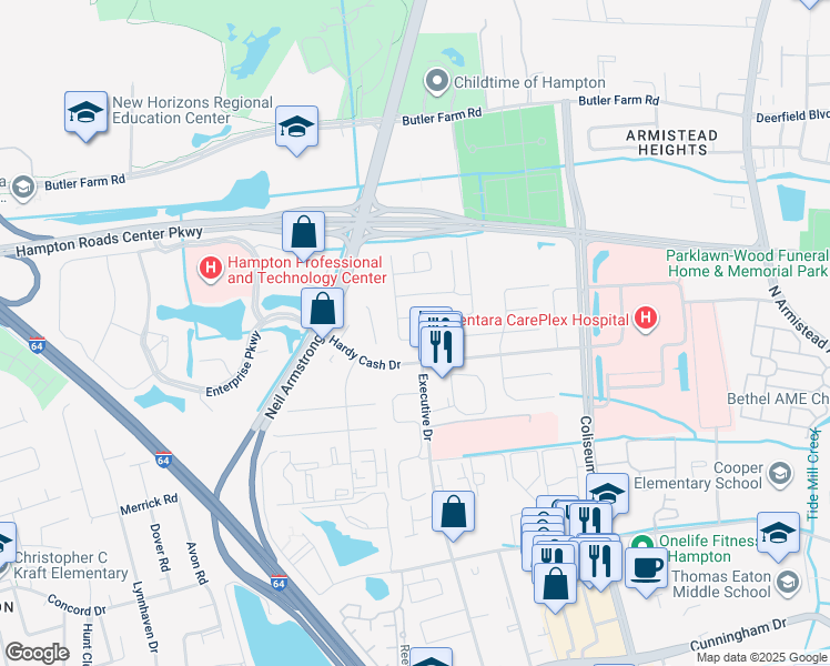 map of restaurants, bars, coffee shops, grocery stores, and more near 1500 Paul Jack Drive in Hampton