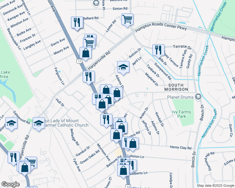 map of restaurants, bars, coffee shops, grocery stores, and more near 705 Adams Drive in Newport News