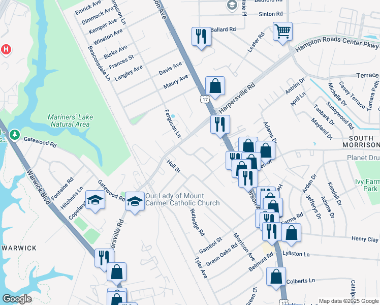 map of restaurants, bars, coffee shops, grocery stores, and more near 246 Harpersville Road in Newport News