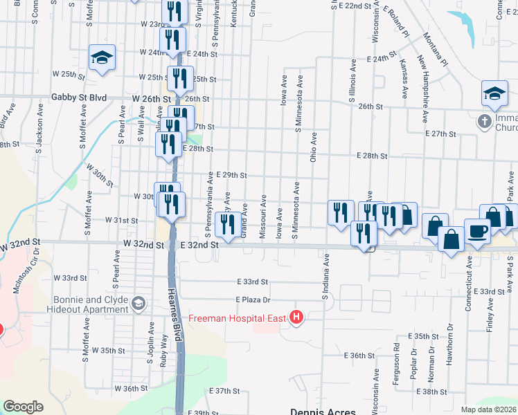 map of restaurants, bars, coffee shops, grocery stores, and more near 2923 Missouri Avenue in Joplin