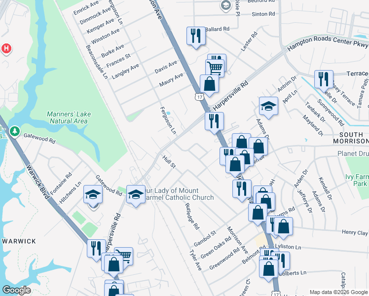 map of restaurants, bars, coffee shops, grocery stores, and more near 246 Harpersville Road in Newport News