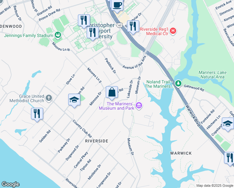 map of restaurants, bars, coffee shops, grocery stores, and more near 12 Sunset Road in Newport News