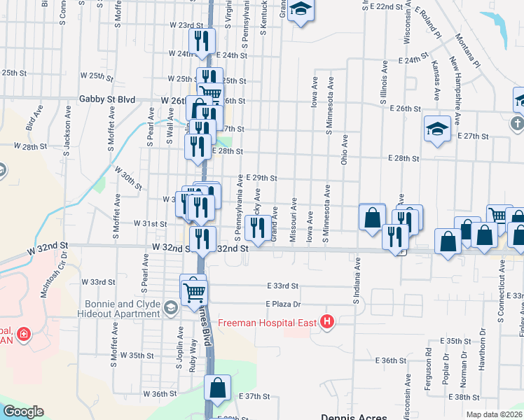 map of restaurants, bars, coffee shops, grocery stores, and more near 2926 Grand Avenue in Joplin