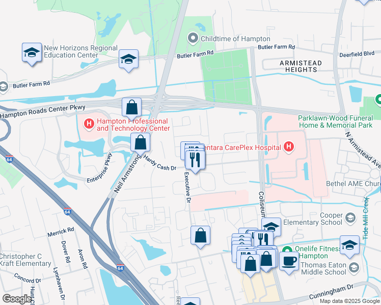 map of restaurants, bars, coffee shops, grocery stores, and more near 1400 Crispell Court in Hampton