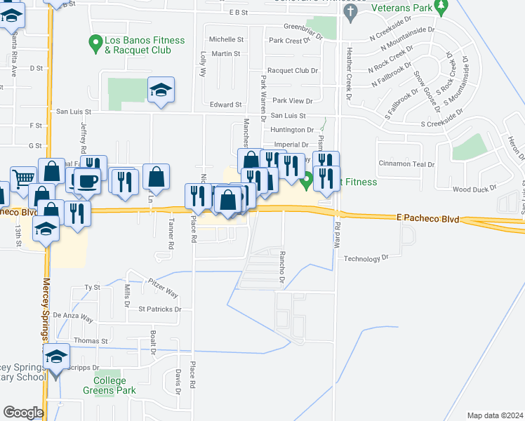 map of restaurants, bars, coffee shops, grocery stores, and more near 2169 E Pacheco Blvd in Los Banos