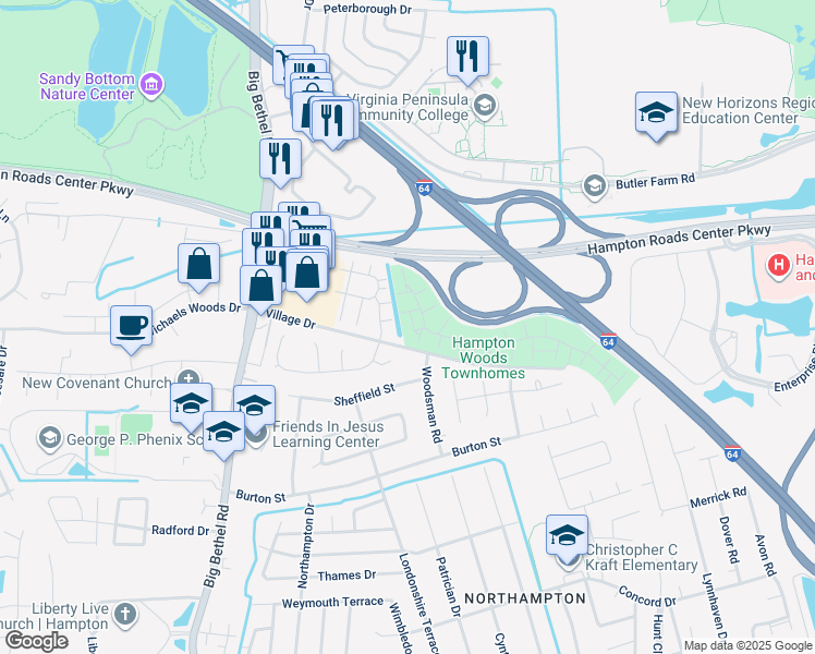 map of restaurants, bars, coffee shops, grocery stores, and more near 16 Mesquite Pl in Hampton