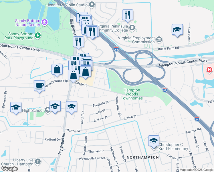 map of restaurants, bars, coffee shops, grocery stores, and more near 18 Mountain Ash Place in Hampton