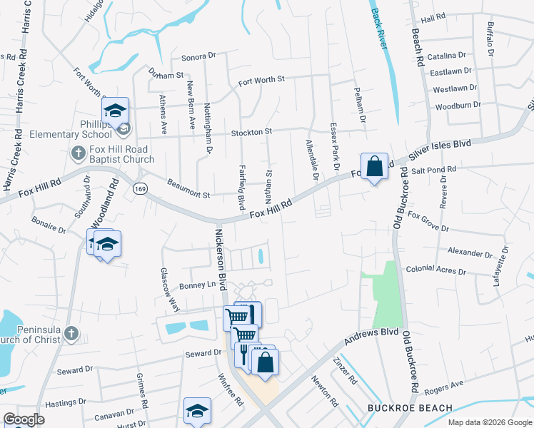 map of restaurants, bars, coffee shops, grocery stores, and more near 471 Fox Hill Road in Hampton