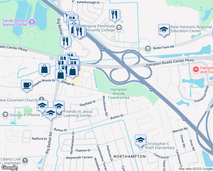 map of restaurants, bars, coffee shops, grocery stores, and more near 5 Evergreen Place in Hampton