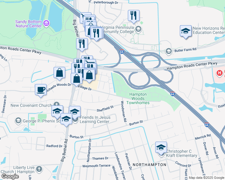 map of restaurants, bars, coffee shops, grocery stores, and more near 18 Mountain Ash Place in Hampton