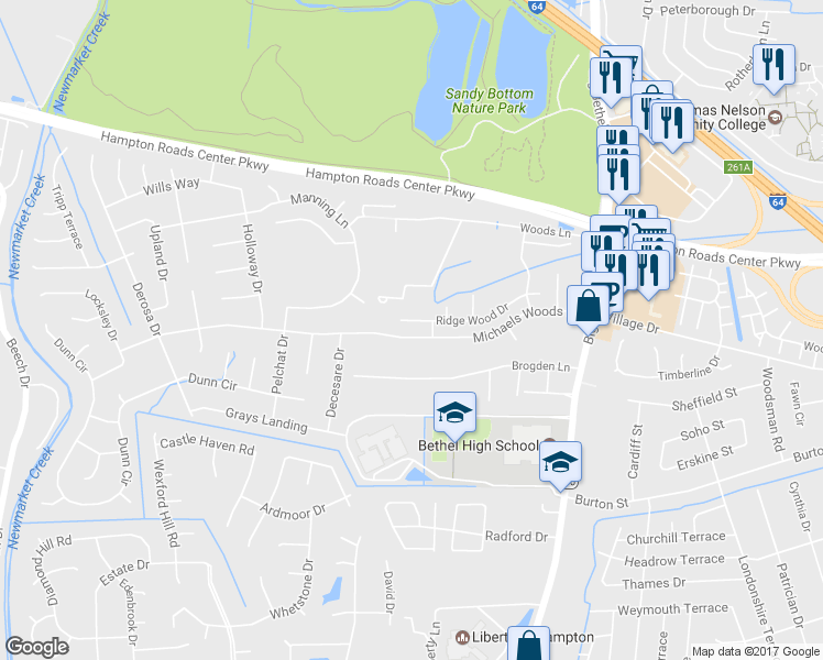 map of restaurants, bars, coffee shops, grocery stores, and more near 215 Ridge Wood Drive in Hampton