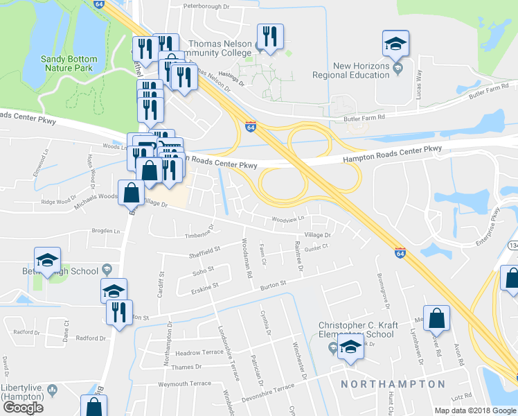 map of restaurants, bars, coffee shops, grocery stores, and more near 14 Evergreen Place in Hampton