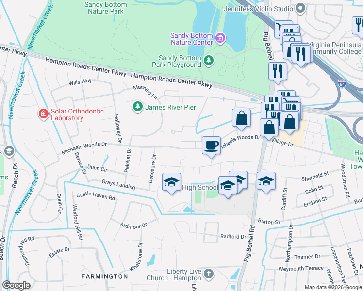 map of restaurants, bars, coffee shops, grocery stores, and more near 12 Elmwood Lane in Hampton
