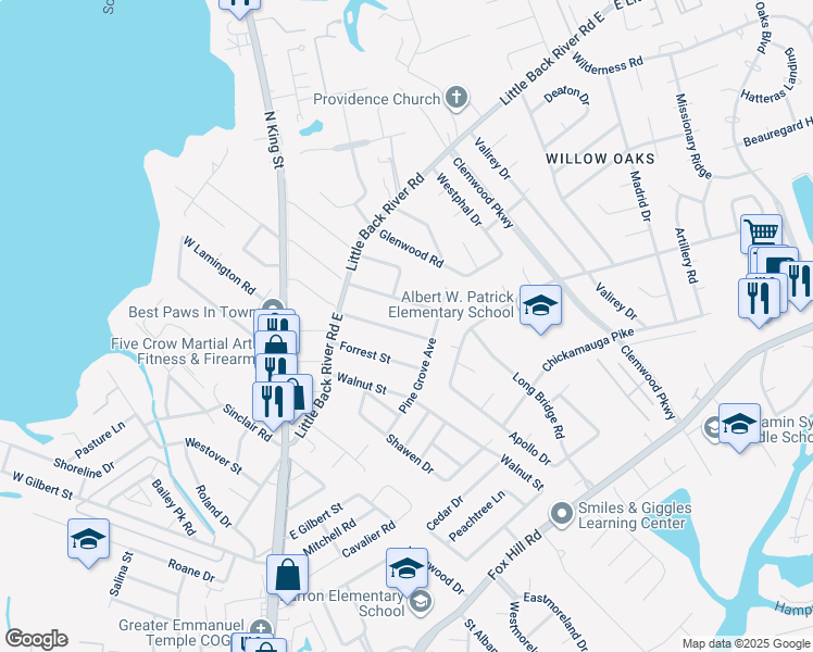 map of restaurants, bars, coffee shops, grocery stores, and more near 207 Lexington Street in Hampton