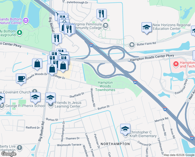 map of restaurants, bars, coffee shops, grocery stores, and more near 16 Hackberry Place in Hampton