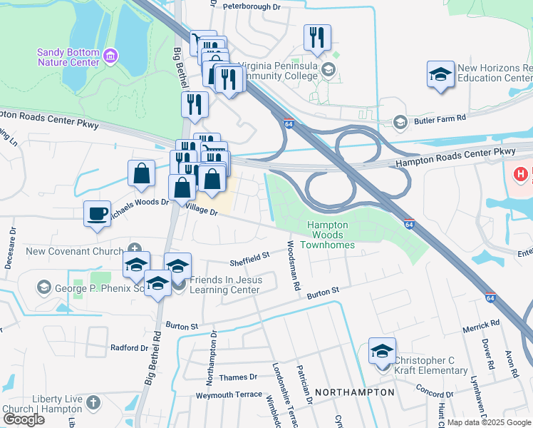 map of restaurants, bars, coffee shops, grocery stores, and more near 18 Mountain Ash Place in Hampton