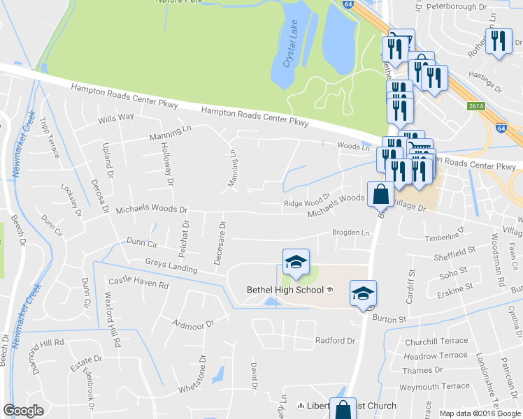 map of restaurants, bars, coffee shops, grocery stores, and more near 12 Elmwood Lane in Hampton