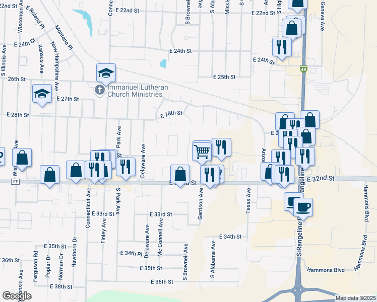 map of restaurants, bars, coffee shops, grocery stores, and more near 2901 Brownell Avenue in Joplin