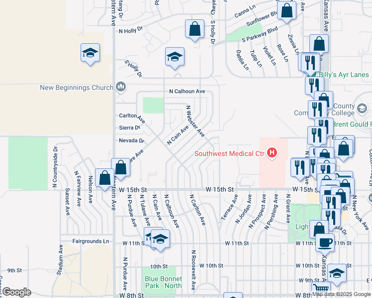 map of restaurants, bars, coffee shops, grocery stores, and more near 1601-1699 N Cain Ave in Liberal