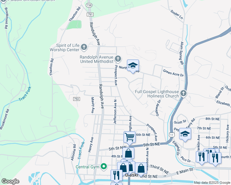 map of restaurants, bars, coffee shops, grocery stores, and more near 1009 Prospect Avenue in Pulaski