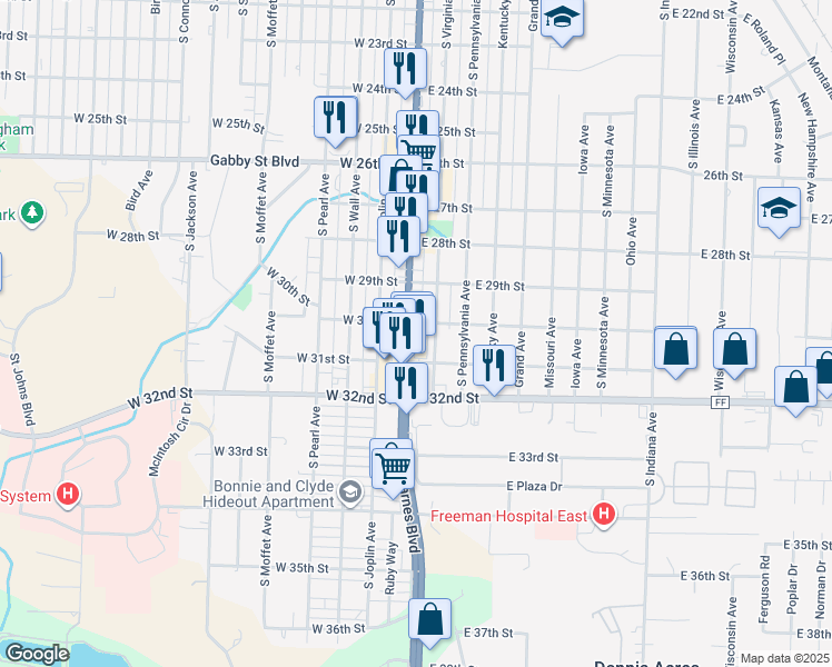 map of restaurants, bars, coffee shops, grocery stores, and more near 2928 South Main Street in Joplin