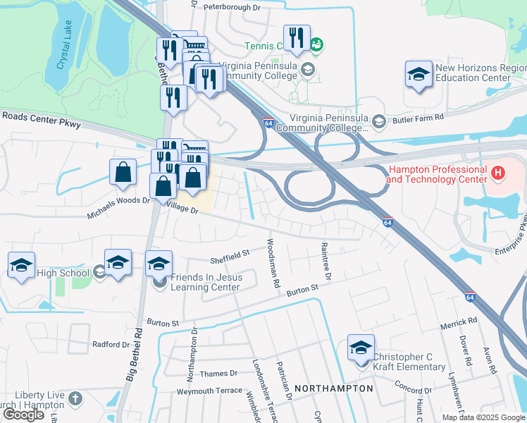 map of restaurants, bars, coffee shops, grocery stores, and more near 6 Treeclad Place in Hampton