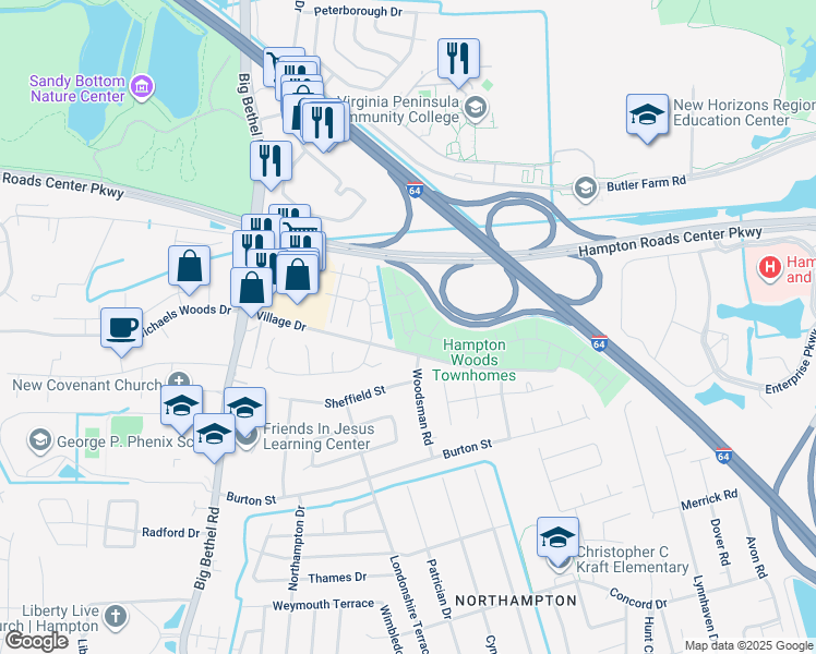 map of restaurants, bars, coffee shops, grocery stores, and more near 6 Treeclad Place in Hampton