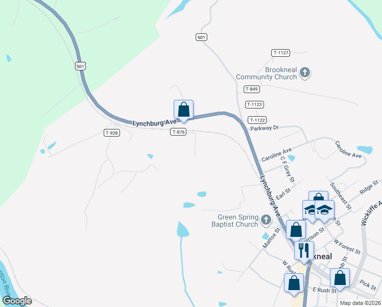 map of restaurants, bars, coffee shops, grocery stores, and more near 126 Claytor Road in Brookneal