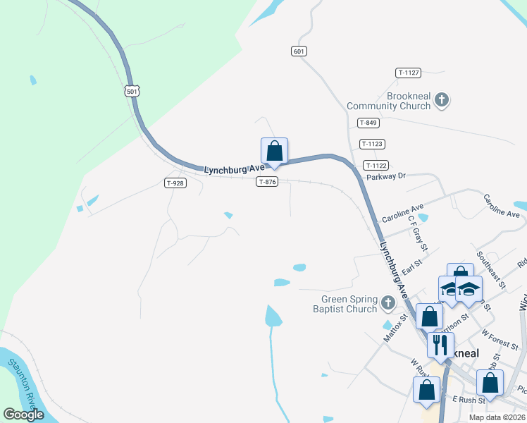 map of restaurants, bars, coffee shops, grocery stores, and more near 126 Claytor Road in Brookneal