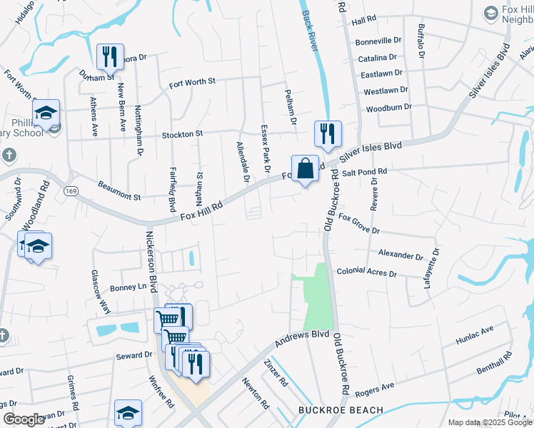 map of restaurants, bars, coffee shops, grocery stores, and more near 14 Rosser Drive in Hampton