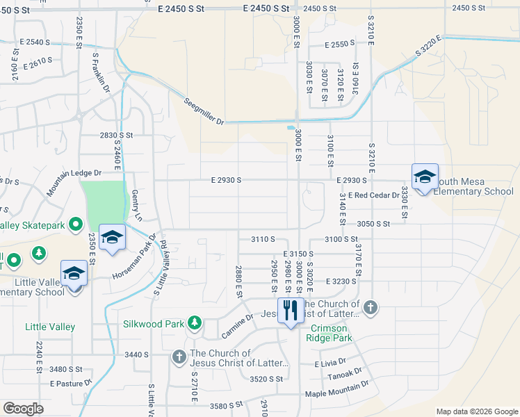 map of restaurants, bars, coffee shops, grocery stores, and more near 2927 Sycamore Lane in St. George