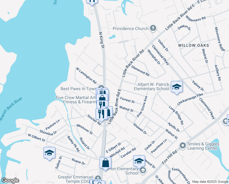 map of restaurants, bars, coffee shops, grocery stores, and more near 15 East Lamington Road in Hampton