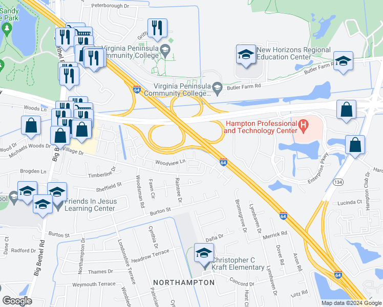 map of restaurants, bars, coffee shops, grocery stores, and more near 11 Red Oak Place in Hampton