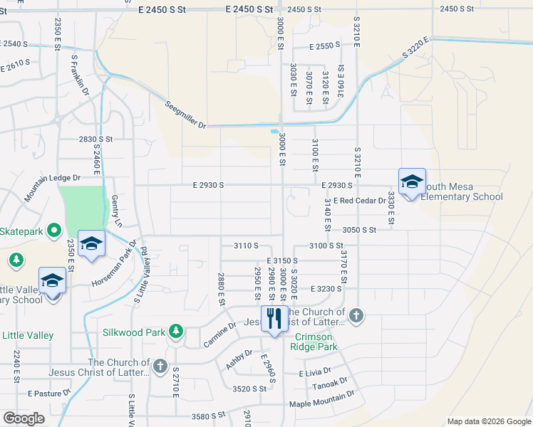 map of restaurants, bars, coffee shops, grocery stores, and more near 2971 Sycamore Lane in St. George