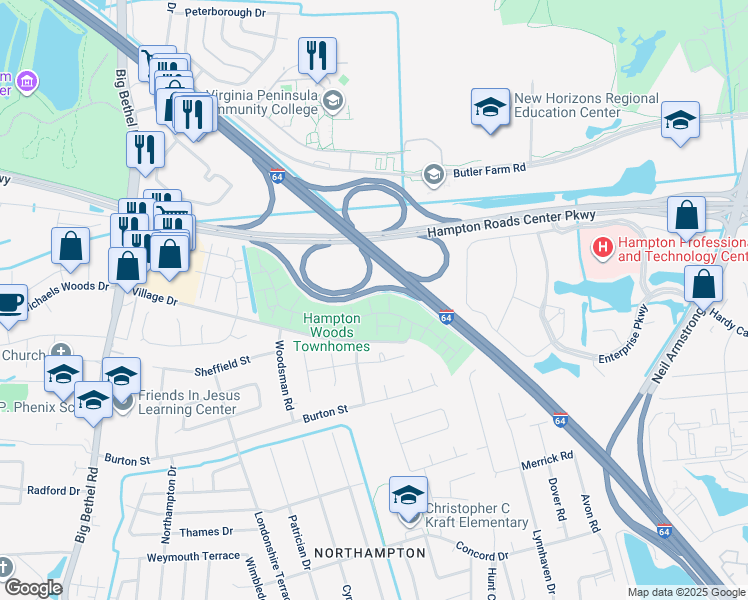 map of restaurants, bars, coffee shops, grocery stores, and more near 14 Springwood Place in Hampton
