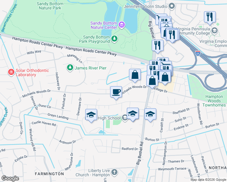 map of restaurants, bars, coffee shops, grocery stores, and more near 205 Alder Wood Drive in Hampton