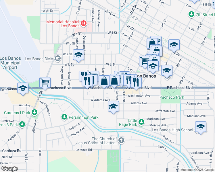 map of restaurants, bars, coffee shops, grocery stores, and more near 1262 California Avenue in Los Banos