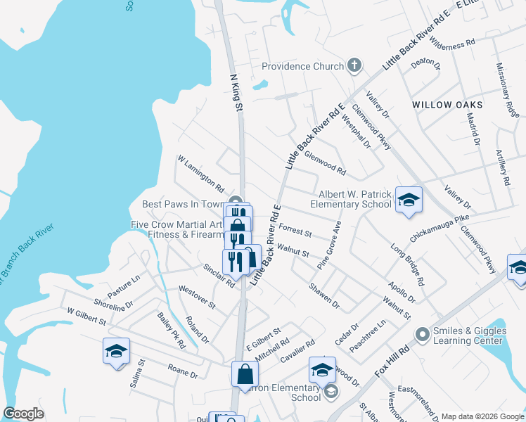 map of restaurants, bars, coffee shops, grocery stores, and more near 20 Kingslee Lane in Hampton