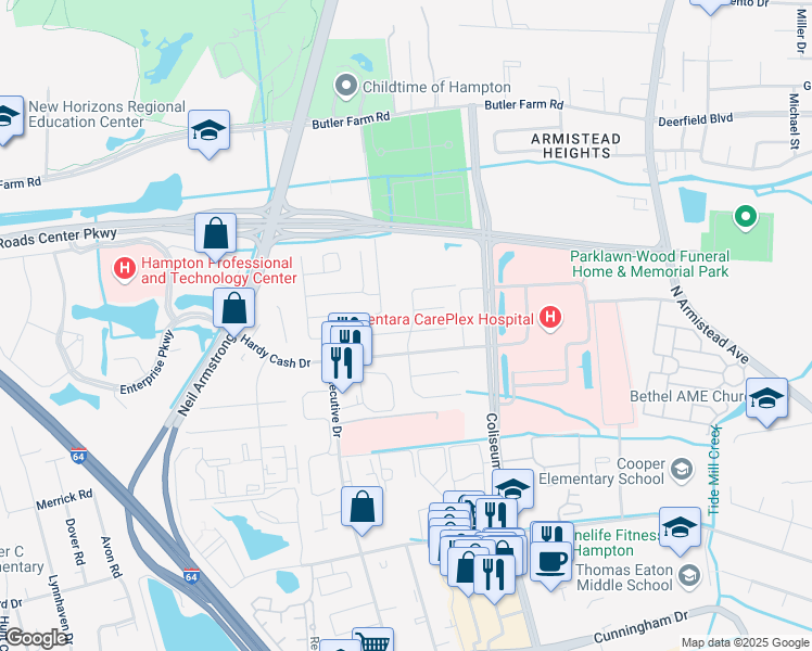 map of restaurants, bars, coffee shops, grocery stores, and more near 1404 Paul Jack Drive in Hampton