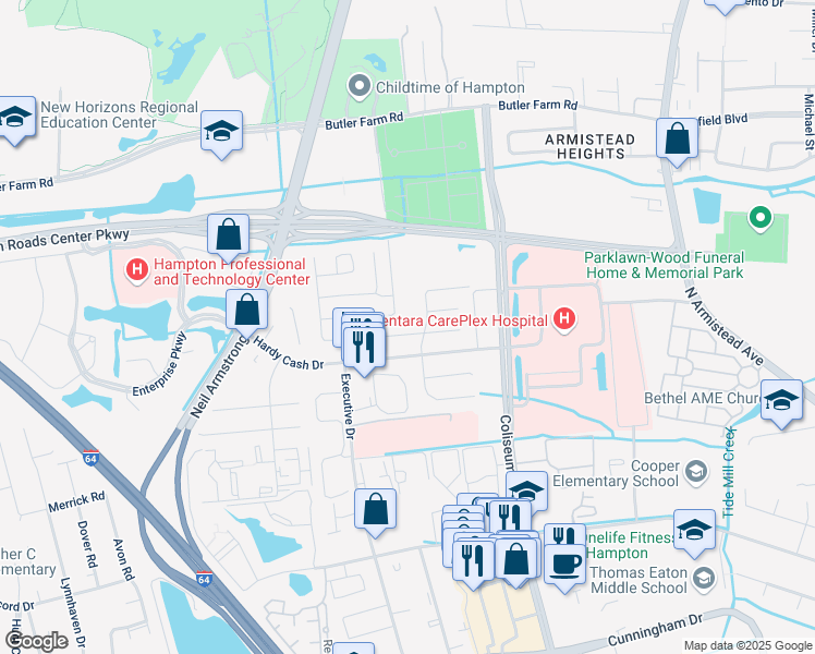 map of restaurants, bars, coffee shops, grocery stores, and more near 1404 Paul Jack Drive in Hampton
